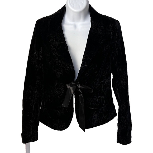 Old Navy Velvet Blazer Jacket Black Embroidered Sz Small Whimsigoth Tie Front - Picture 1 of 6